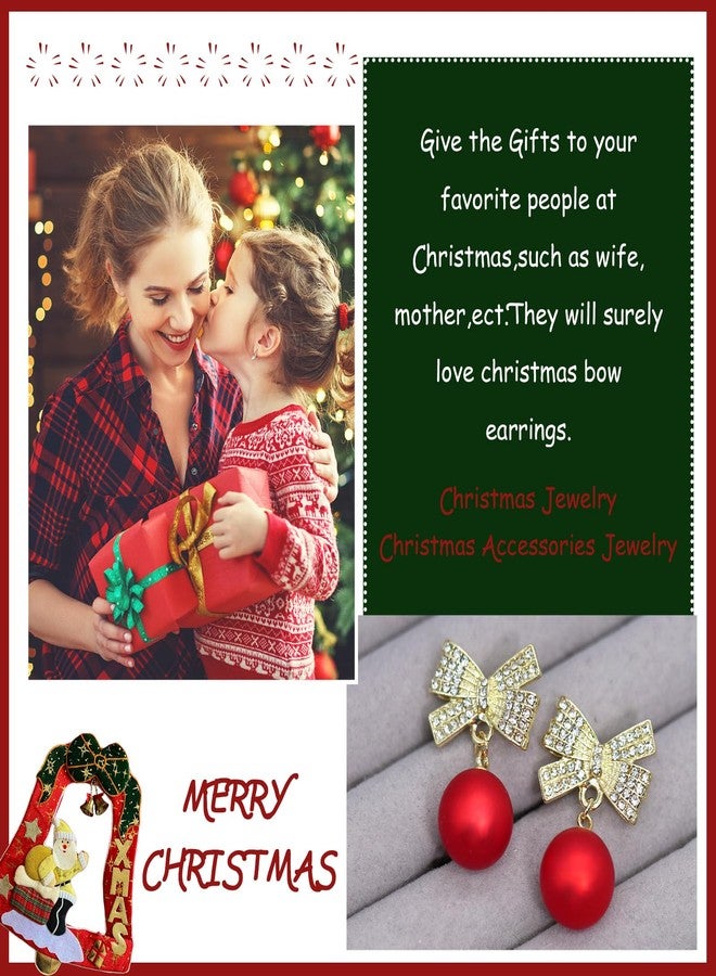 Nylry Bow Earrings for Women Trendy Red Earrings for Women Rhinestone Bowknot Pearl Earrings Dangle Winter Christmas Bow Stud Earrings Holiday Jewelry Cute Stuff Valentines Gifts for Women-Red - Image 4